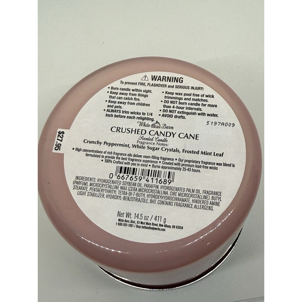Bath & Body Works White Barn Crushed Candy Cane 3-Wick Candle 14.5 oz Jar New‎ - Picture 2 of 5